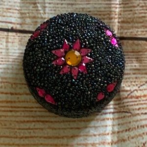 Vintage Beaded Floral Brooch Button Black Seed Bead Pink Flower Handcrafted